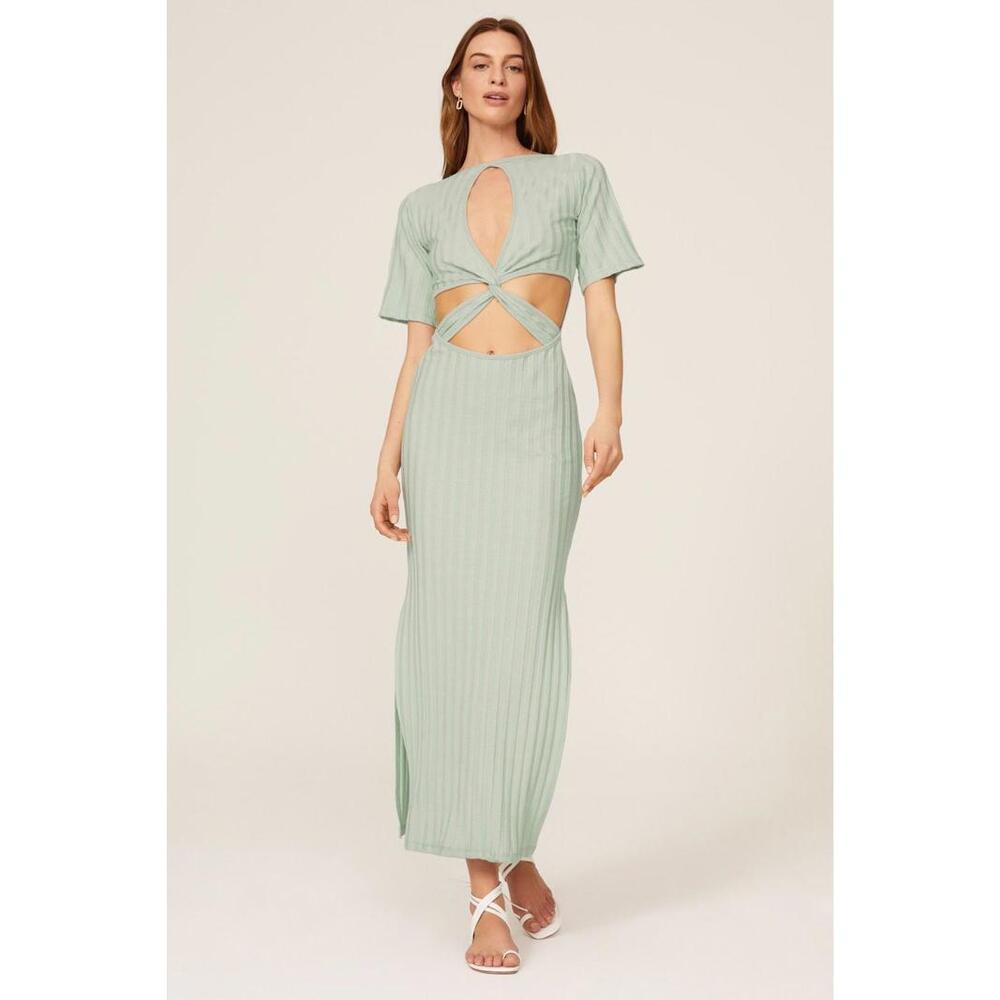 SIMKHAI Green Philippa Ribbed Dress Size M with Tear & Holes